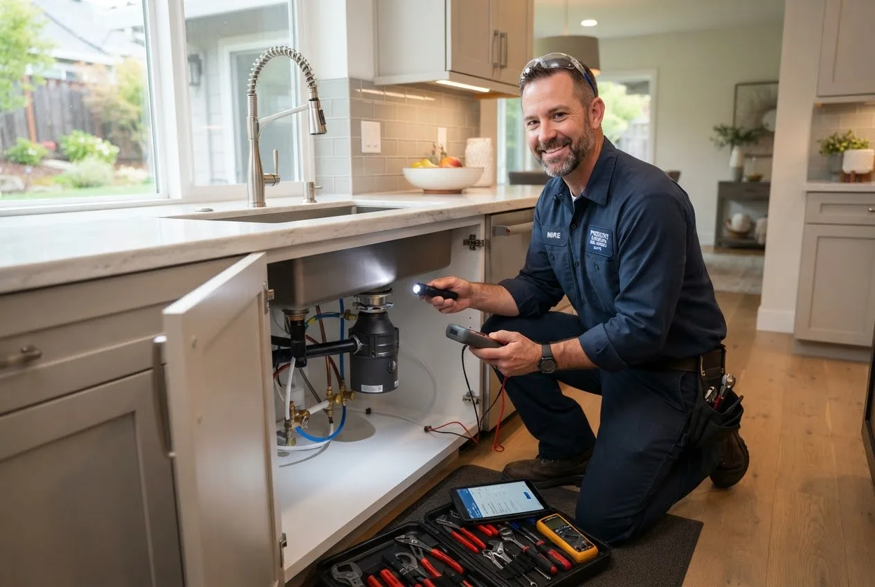 A skilled plumber in a uniform inspecting pipes under a clean modern kitchen sink.