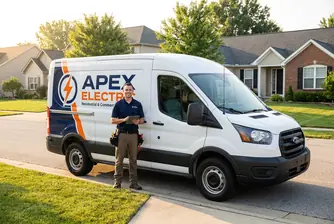 A branded work van for Apex Electric displaying the company name and electrical services.
